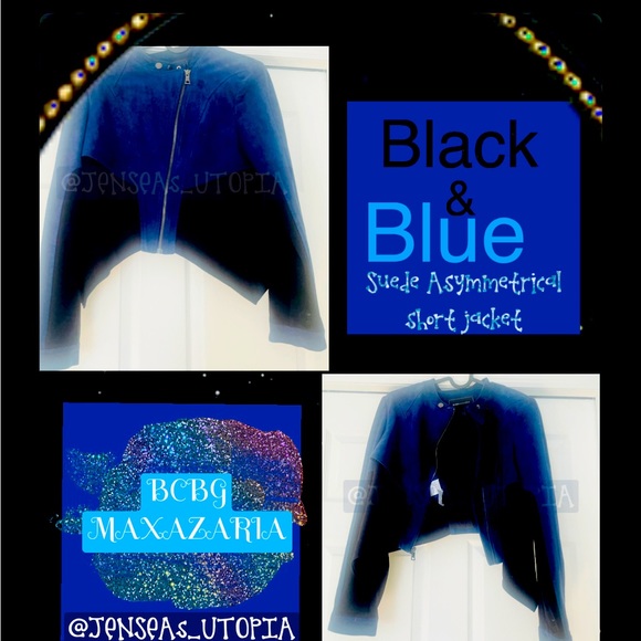 BCBG MAXAZARIA SUEDE BLACK & BLUE ASYMMETRICAL SHORT JACKET - Picture 1 of 2